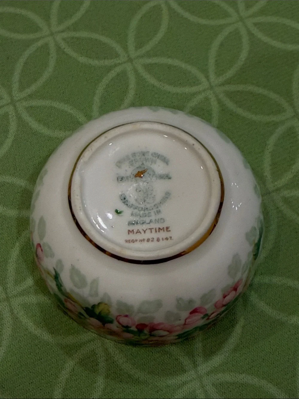 Pink & Green Maytime Floral Mahjong Dice Porcelain Dish Gold Rim